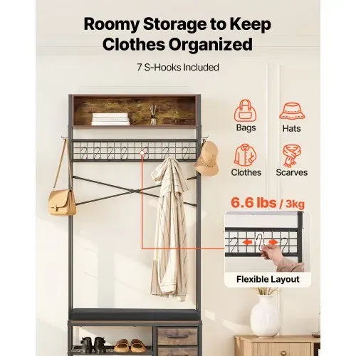 VEVOR Flurgarderobe 80 x 30 x180 cm, Garderobenständer mit Schuhablage (2 Ebenen) & 3 Schubladen, Freistehende Garderobe mit Bücherablage & Metallgitter, Ideal für Eingangsbereich, Schlafzimmer – Bild 2