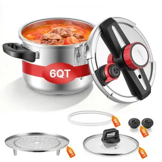 VEVOR Schnellkochtopf 6 L, Dampfkochtopf aus Edelstahl mit Dampfeinsatz & Deckel aus Gehärtetem Glas & 3 Druckstufen für Fleisch Bohnen Reis Suppen Soßen, Schnellkochtopf bis zu 100 kPa VEVOR Schnellkochtopf 6 L, Dampfkochtopf aus Edelstahl mit Dampfeinsatz & Deckel aus Gehärtetem Glas & 3 Druckstufen für Fleisch Bohnen Reis Suppen Soßen, Schnellkochtopf bis zu 100 kPa