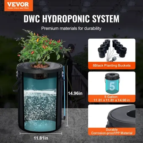 VEVOR DWC Hydroponics Grow System, Hydroponisches Anbausystem, Deep Water Culture 5-Gallonen 8 Eimer, DWC-System mit Luftpumpe, Luftsteinen und Wasserstandsanzeige für Blattgemüse VEVOR DWC Hydroponics Grow System, Hydroponisches Anbausystem, Deep Water Culture 5-Gallonen 8 Eimer, DWC-System mit Luftpumpe, Luftsteinen und Wasserstandsanzeige für Blattgemüse