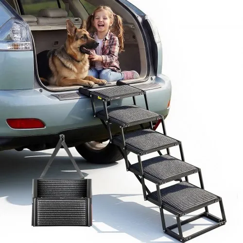 VEVOR Hundetreppe Auto Klappbar 5-Stufig, Extra Breite Hunderampe für Große Hunde mit Weichem Filzteppich, Tragbare Einstiegshilfe für Auto, SUV, LKW, Hochbett, Sofa, Tragkraft bis 90 kg VEVOR Hundetreppe Auto Klappbar 5-Stufig, Extra Breite Hunderampe für Große Hunde mit Weichem Filzteppich, Tragbare Einstiegshilfe für Auto, SUV, LKW, Hochbett, Sofa, Tragkraft bis 90 kg