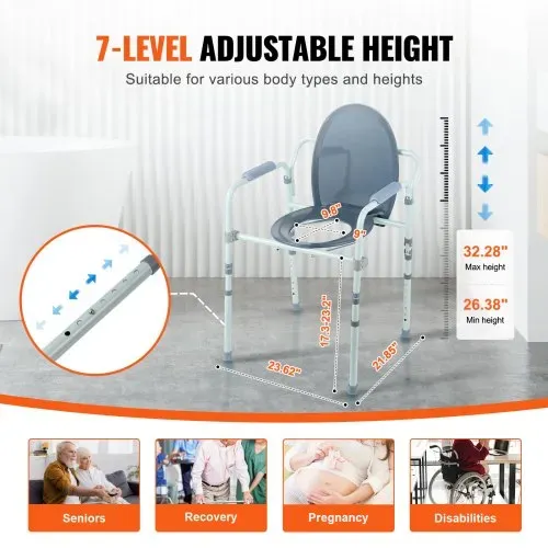 VEVOR Toilettenstuhl, Nachtkommode mit Breiterem Toilettensitz, 7-stufig Höhenverstellbar 44-59 cm, Abnehmbarer 5,8-Liter-Eimer, Einfach zu Montieren, 158,8 kg Kapazität, Erhöhter Toilettensitz – Bild 3