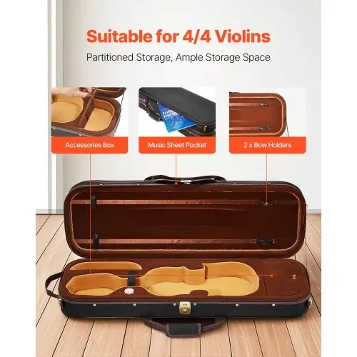 VEVOR 4/4 Violinenkoffer in voller Größe, eingebautes Hygrometer, Geigenkoffer, Reisetragetasche, mit Weichfutter, Schultergurten, kratzfest, professionelle längliche Form, für Violine, schwarz – Bild 2