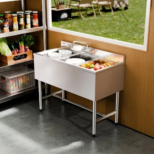 VEVOR Spülbecken mit 3 Becken & Spritzschutz & Effizientem Abfluss, Küchenspüle (978 x 470 x 838 mm), Küchenspüle für Restaurants Imbisswagen Privaten Gebrauch, Edelstahlspüle – Bild 7