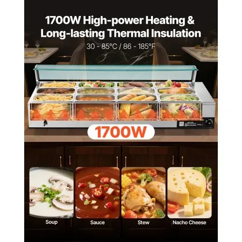 VEVOR kommerzieller Speisenwärmer (12 x 1/3 Größe Behälter), 1,7 kW elektrischer Wärmebehälter aus Edelstahl mit Glasabdeckung & Suppenkelle, Chafing Dishes für Catering Restaurant Party VEVOR kommerzieller Speisenwärmer (12 x 1/3 Größe Behälter), 1,7 kW elektrischer Wärmebehälter aus Edelstahl mit Glasabdeckung & Suppenkelle, Chafing Dishes für Catering Restaurant Party