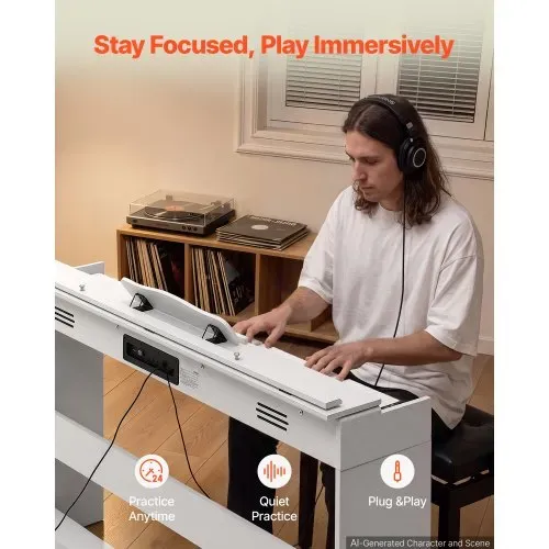 VEVOR Digitalpiano 88 Halbgewichtete Tasten E-Piano HiFi-Lautsprecher Weiß für Anfänger, mit 128 Klängen, 128 Rhythmen, USB, MIDI, Audioausgang, Standard-3,5-mm-Kopfhörerbuchse, Notenhalter und Pedal – Bild 3