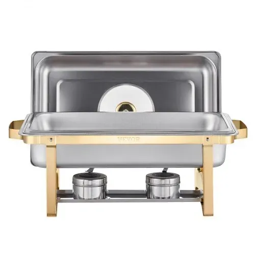 VEVOR Chafing Dish Set Speisenwärmer Edelstahl mit 4 Behältern in voller Größe (7,5 L pro), rechteckiger Wärmespender mit sichtbarem Deckel & Wasserpfannenständer & Brennstoffhalter, für Partys – Bild 8