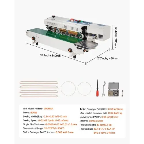 VEVOR Kontinuierliche Beutelbandschweißmaschine, 0,24-0,47 Zoll/6-12 mm Schweißbreite, Horizontale Bandschweißmaschine mit digitaler Temperaturregelung, Beutelschweißgerät für 0,02-0,8 mm Plastikbeutel, Aufblasfunktion – Bild 6