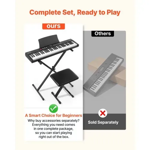 VEVOR Digitalpiano 61 Tasten Halbgewichtet E-Piano mit Ständer Klavierhocker, 128 Klänge, 128 Rhythmen, HiFi-Stereolautsprecher, 3,5-mm-Kopfhörerbuchse, Sustain-Pedal, USB/MIDI und Notenablage – Bild 5
