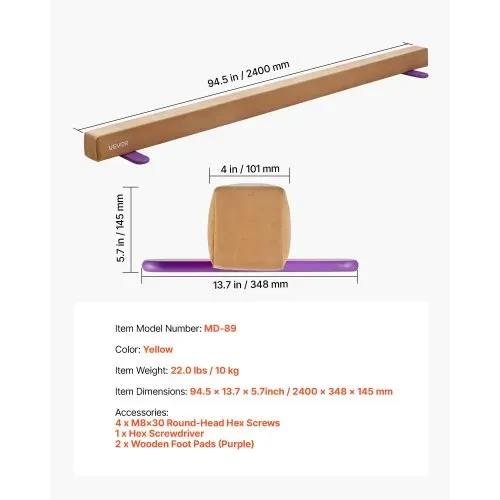 VEVOR Schwebebalken Gymnastik Kinder klappbar 2,4 m, 158,7 kg belastbarer Gymnastikbalken mit rutschfesten Unterseiten, Balance Balken Balancierbalken mit Tragetasche & Holzkern für Fitnessstudio – Bild 6