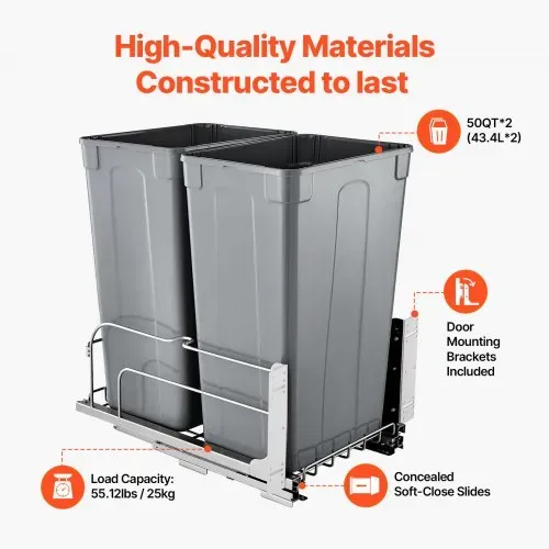 VEVOR ausziehbarer Abfallbehälter (50 Qt x2), doppelter Unterbau-Küchenabfallbehälter, Mülleimer mit Türsatz & Soft-Close-Schieberegler, für Küchenschrank Spüle unter der Theke (grau) – Bild 2