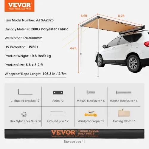 VEVOR Vehicle Awning 2,01 x 2,5 m Shade Coverage Car Side Awning PU3000mm UV50+ – Bild 6