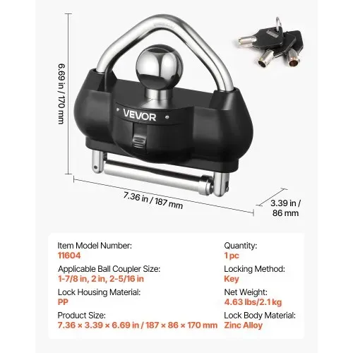 VEVOR Anhängerschloss, passend für 1-7/8 Zoll, 2 Zoll, 2-5/16 Zoll Kupplungen, diebstahlsicheres Kugelschloss mit 3 Schlüsseln, höhenverstellbares Design für Wohnmobile, Boote, Anhänger, schwarz – Bild 6