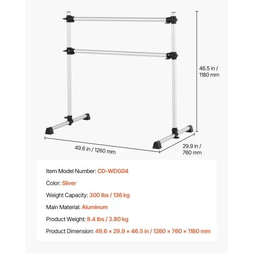 VEVOR Ballettstange Tanzstange freistehende Doppelstange (136 kg belastbar), höhenverstellbare (170-1165 mm) Stretchstange aus Aluminium für Ballett, Gleichgewichtstraining, Entspannungsübungen – Bild 6