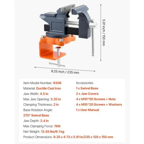 VEVOR Schraubstock, 114,3mm, Tischschraubstock mit 270°-Schwenkbasis, Werkbankschraubstock Gusseisenkonstruktion, für Holzbearbeitungs-, Metallbohr-, Gravier-, Schleif-, Schweiß- & Schneidearbeiten – Bild 6
