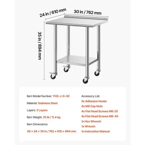 VEVOR Edelstahltisch Gastro 762 x 610 x 894 mm, Verstellbarer Edelstahltisch mit Rollen, Aufkantung (30 mm), Arbeitstisch mit Grundboden für Restaurant Obere Ablage (204 kg) Untere Ablage (168 kg) – Bild 6
