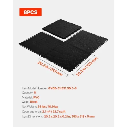 VEVOR PVC Garagenboden, 8er-Pack 513x513x5 mm, Werkstattboden, Industrieboden, Klick Verlegung, rutschfeste PVC-Matten mit Diamantplatte für Werkstatt, Lager, Werkzeugraum, Schwarz – Bild 6