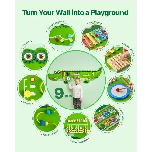 VEVOR 9-in-1 Montessori Busy Board, Montessori Motorikbrett für Bildung Frühe Entwicklung, Sensorisches Wandpaneel aus Holz für Kinder von 3-12 Jahren, Krokodil-Wandspiel für Kindergarten Spielzimmer VEVOR 9-in-1 Montessori Busy Board, Montessori Motorikbrett für Bildung Frühe Entwicklung, Sensorisches Wandpaneel aus Holz für Kinder von 3-12 Jahren, Krokodil-Wandspiel für Kindergarten Spielzimmer