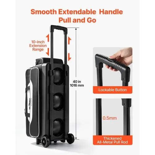 VEVOR Bowlingtasche mit Rollen für 3 Kugeln 600D Oxford Schwarz + Weiß, für Schuhe bis US-Größe 16 und Zubehör, mit Teleskopgriff (bis zu 1016 mm), Doppellagigen Ablagen und Verstärkten Nähten – Bild 5
