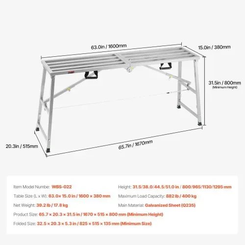 VEVOR Arbeitsplattform 800-1295 mm, zusammenklappbare Trittleiter aus legiertem Stahl, tragbare Arbeitsbühne, Tragkraft 400 kg, Trittleiter zum Malen von Trockenbauwänden, Reinigen, Waschen – Bild 6