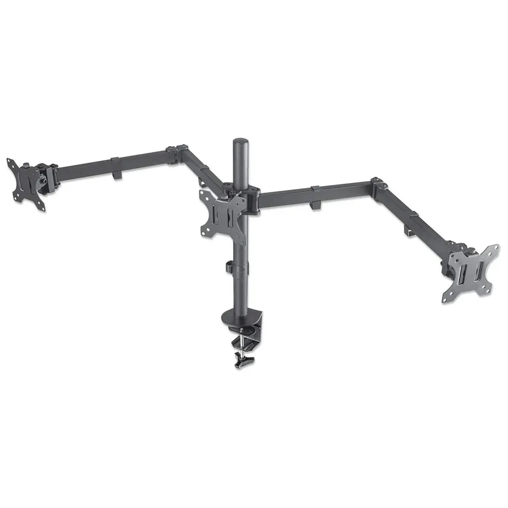 Manhattan Tischhalterung mit Monitorarm für drei Displays, Geeignet für drei Displays von 13″ bis 27″, einer zentral montiert, zwei auf den Monitorarmen, zweifach schwenkbar Manhattan Tischhalterung mit Monitorarm für drei Displays, Geeignet für drei Displays von 13″ bis 27″, einer zentral montiert, zwei auf den Monitorarmen, zweifach schwenkbar