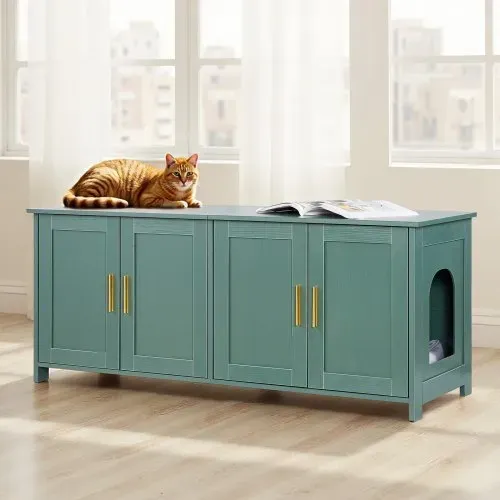 VEVOR Katzenschrank, 1200x450x500 mm, Katzentoiletten mit 4 Türen & 2 Eingängen, Katzenklo Schrank für den Innenbereich, Katzenhaus aus Holz, passend für die meisten Katzentoiletten, grün – Bild 7