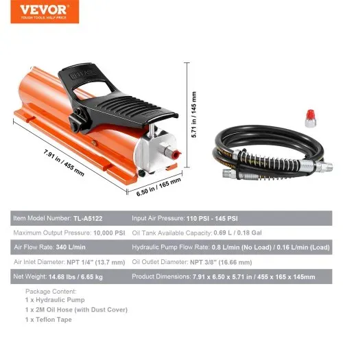 VEVOR 10.000 PSI Lufthydraulikpumpe, 0,69 L Behälter, NPT 3/8 Zoll Auslass, NPT 1/4 Zoll Einlass, luftbetätigte Fußpumpe mit Metallgehäuse, für Präzisionsindustriemaschinen und Luft- & Raumfahrtgeräte – Bild 6
