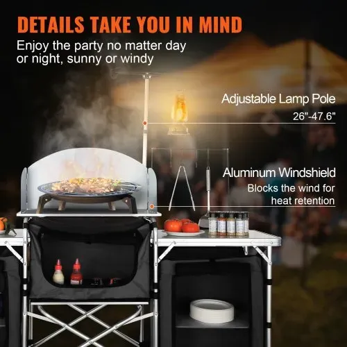 VEVOR Camping-Küchentisch, Klappbarer Outdoor-Kochtisch mit Aufbewahrungstasche, Aluminium-Kochstation mit 3 Schränken und Abnehmbarer Windschutzscheibe, Schneller Aufbau für Picknicks, Grill usw. – Bild 4