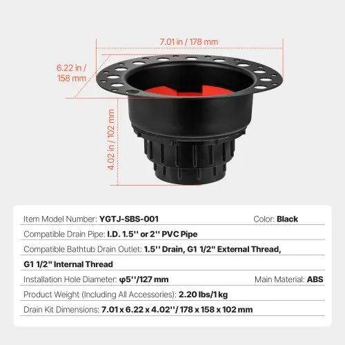 VEVOR ABS-Ablaufset, 178x158x102mm, Badewannen-Ablauf-Rohbauset, mit ABS-Adapter für Ablaufgarnitur, kompatibel mit freistehenden Badewannen, bodenmontierten Badewannen & Inselbadewannen – Bild 6