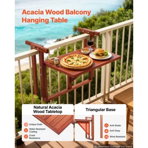 VEVOR Balkonhängetisch 560x280 mm Klapptisch 27 kg Hängetisch Balkontisch, für Terrasse Garten oder Balkon, Passend für 80-135 mm Geländer, Höhenverstellbar, Tischplatte aus Akazienholz, Platzsparend – Bild 4
