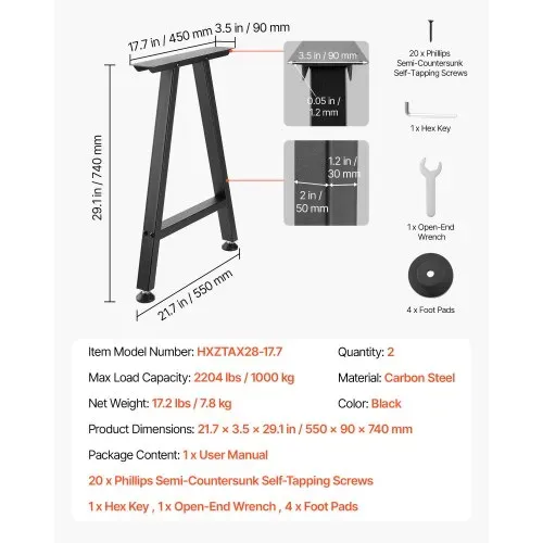 VEVOR Tischkufen 2er-Set 550x740 mm, Trapezförmige Tischuntergestell 1000 kg, Tischbeine Kohlenstoffstahl, Möbelfüße, Tischgestell, Tischfüße für Schreibtische, Couchtische, Esstische, Schwarz – Bild 4