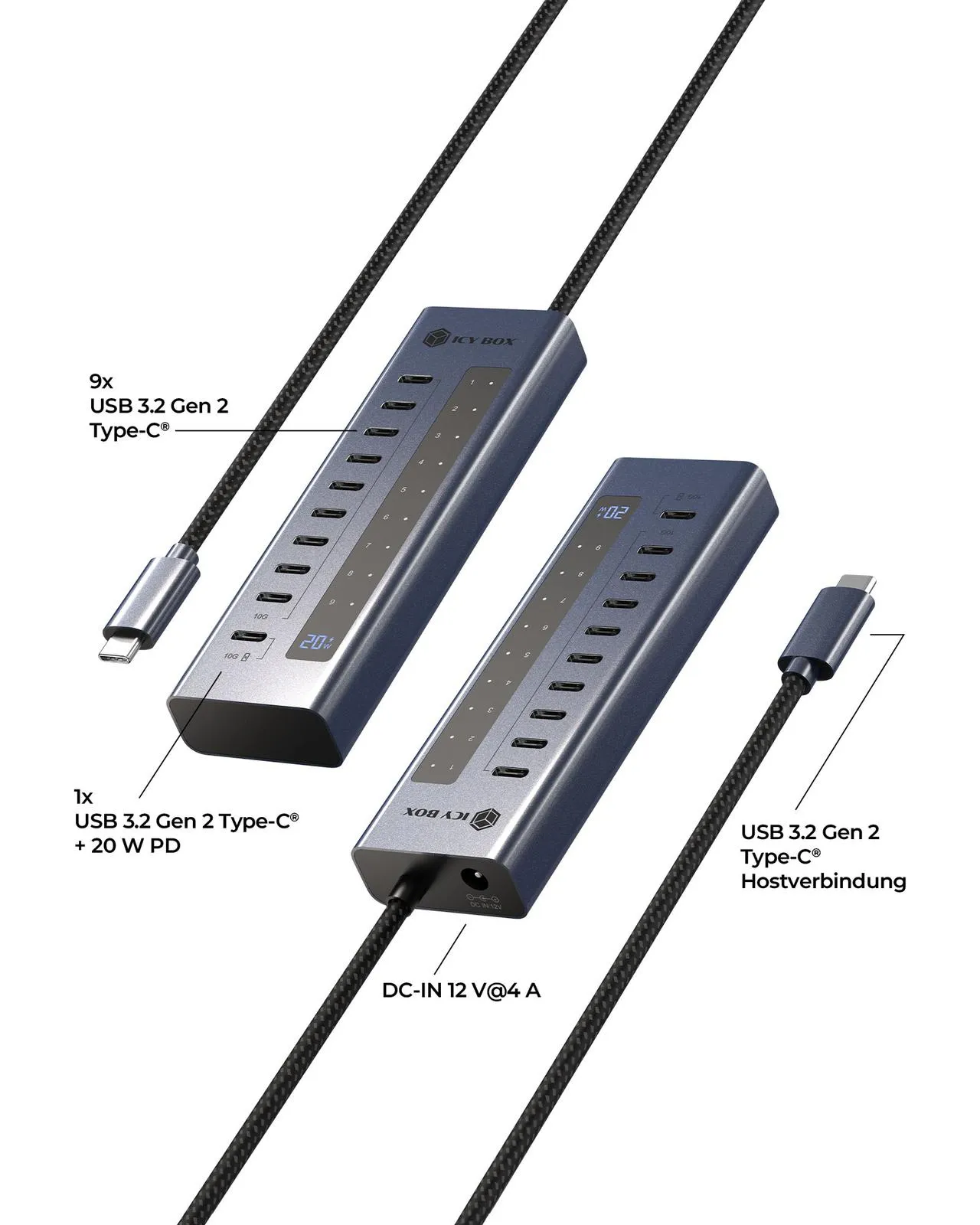 ICY BOX IB-HUB1450-C31, HUB mit 10x USB-C Ports, USB 3.2 Gen 2, 10 Gbit/s, mit 48W Netzteil, 1x PD 20W – Bild 3