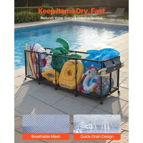 VEVOR Pool Aufbewahrungsbehälter 2620x815x890 mm, Organizer mit Seitentaschen, Metallrahmen, Netzkorb, Aufbewahrungsbox, Organisationskorb, Aufbewahrungskorb, Aufbewahrungswagen für Poolspielzeug – Bild 2