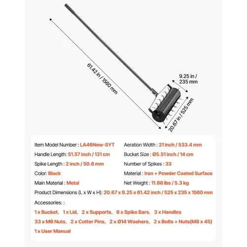 VEVOR Aerifizierer, 525x235x1560 mm, Rasenlüfter Walze, Rasenbelüfter mit abnehmbarem Griff und 33 Eisenspikes, Vertikutierer für verdichtete Böden und Rasenflächen im Garten, Terrasse, Hof, Schwarz – Bild 6