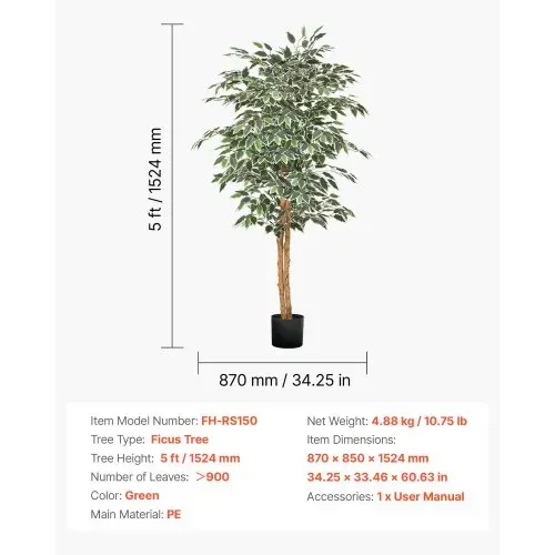 VEVOR Künstlicher Ficusbaum, 1524 mm, mit schwarzem Topf, Kunst-Ficuspflanze mit natürlichem Holzstamm & realistischen grünen Blättern, Seidenbaum für Innenbereich, für Zuhause, Büro, Wohnzimmer – Bild 6
