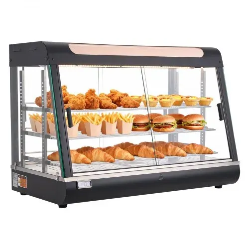 VEVOR 3-stöckige Wärmetheke 130 L, Warmhaltevitrine 1400 W, Warmhaltetheke 30–85 °C, Speisenwärmer mit LED-Beleuchtung & Verstellbaren Ablagen, Speisevitrine für Hamburger Pizza Brot Brathähnchen – Bild 9