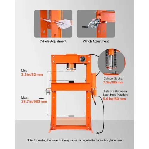 VEVOR hydraulische Werkstattpresse 20 t (H-Rahmen) mit Pressplatte, einstellbare Hydraulikpresse (Max. Zylinder 185 mm) mit Dreieckstütze, geeignet zum Biegen & Richten & Stanzen Orange – Bild 2