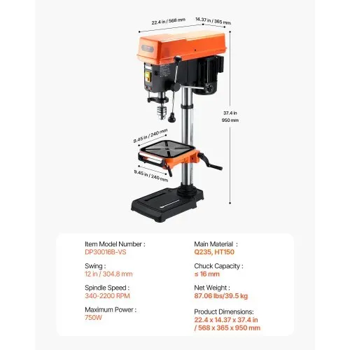 VEVOR 304,8 mm Tischbohrmaschine, 750 W, Säulenbohrmaschine mit 340–2200 U/min variabler Drehzahl, mit 0–45° neigbarem Arbeitstisch, LED, Röntgenpositionierung, für Holz & Metall – Bild 6