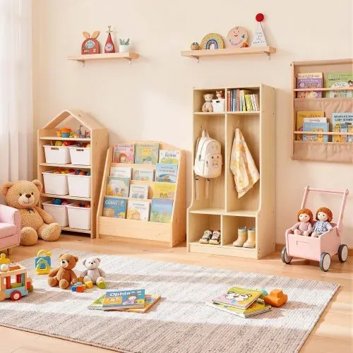 VEVOR Offener Kinderkleiderschrank aus Sperrholz, Kindergarderobe mit 4 Haken & 6 Fächern (2 Groß + 4 Klein), Garderobenregal & Aufbewahrungsregal für Kinderzimmer Zuhause Kindergarten Kita – Bild 7