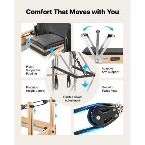 VEVOR Pilates Reformer mit Half Tower 2400 x 735 x 1990 mm aus Ahornholz Ideal für Heimgebrauch & Fitnessstudio, bis 181 kg Belastbar, mit Jumpboard, Federn, Pilates-Box und Verstellbarer Kopfstütze – Bild 5