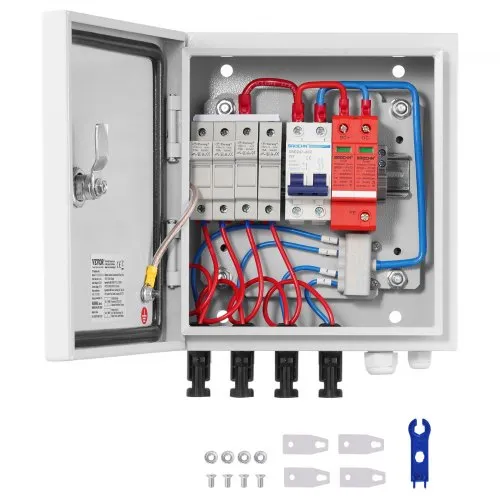VEVOR PV-Combiner-Box, 4-String, Solar-Combiner-Box mit 15 A Nennstromsicherung, 63 A Leistungsschalter, Blitzableiter und Solaranschluss, Stahlgehäuse für On-/Off-Grid-Solarpanelsystem, IP65 VEVOR PV-Combiner-Box, 4-String, Solar-Combiner-Box mit 15 A Nennstromsicherung, 63 A Leistungsschalter, Blitzableiter und Solaranschluss, Stahlgehäuse für On-/Off-Grid-Solarpanelsystem, IP65