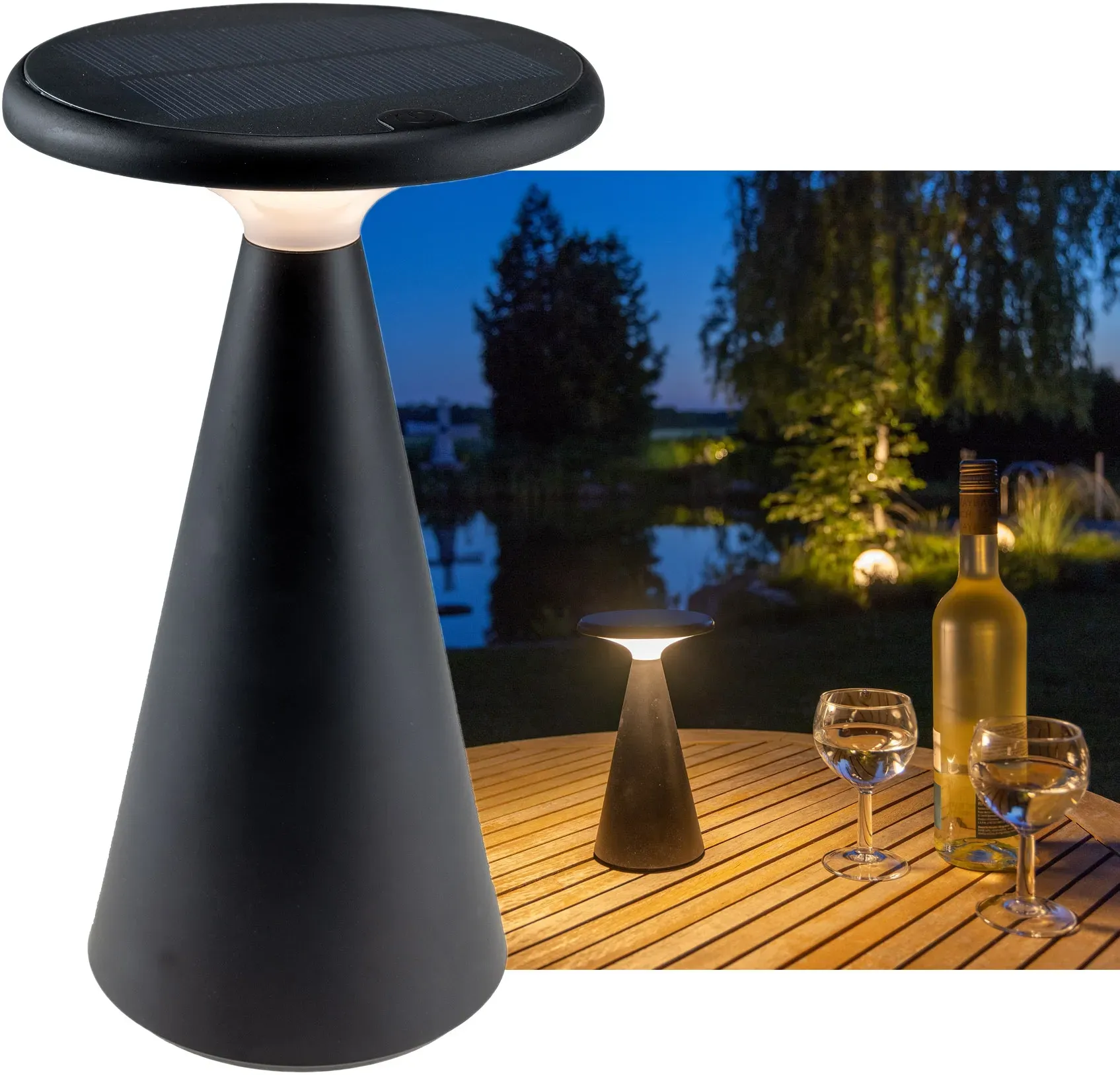 LED Solar-Tischleuchte “Foco Sol” 2700K, IP44, dimmbar, 20cm, matt schwarz LED Solar-Tischleuchte “Foco Sol” 2700K, IP44, dimmbar, 20cm, matt schwarz