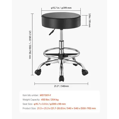 VEVOR Sattelhocker Rollhocker 204 kg belastbarer höhenverstellbarer (55-71 cm) Drehhocker Arbeitshocker mit Rückenlehne & Fußstütze, PU-Leder-Drehsattelstuhl für Salon Spa Massage Klinik Schwarz – Bild 6