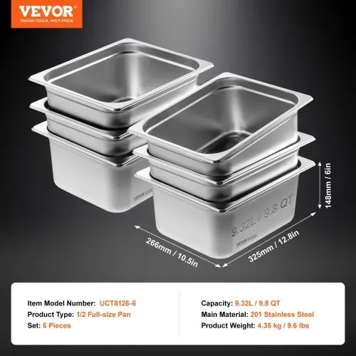 VEVOR 1/2-Größe 1/2 Gastronormbehälter, Edelstahl Behälter 6 Stk. 325 x 266 x 148 mm Speisebehälter, kommerzieller Dampfpfanne Warmhaltebehälter, Hotelpfanne Tisch Food Pan Buffet – Bild 6