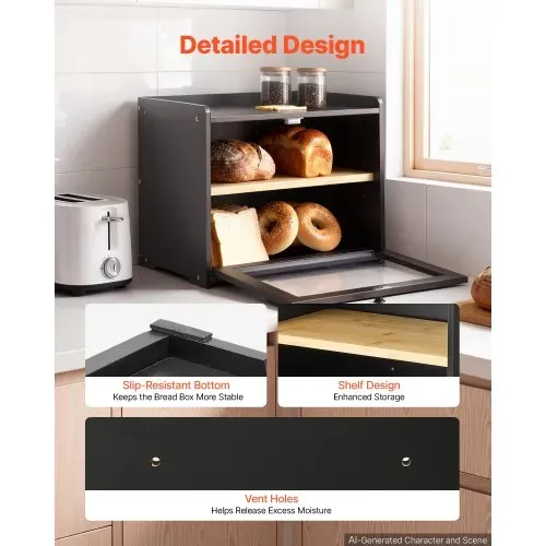 VEVOR Brotkasten mit Acrylfenster 393x262x321 mm Brotbox Bambusholz Schwarz Ideal für Bagels & Muffins, mit Magnetverschluss, Seitenhaken, Belüftungslöchern & 3-Stufig Höhenverstellbarem Einlegeboden – Bild 3