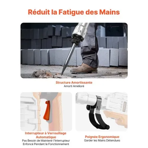 VEVOR Hochleistungs-Betonbrecher Abbruchhammer 3500 W, 60 J Schlagkraft Elektroabbruchhammer, Bohrhammer Betonhammer Stemmhammer 1900 BPM, inkl. Spitzmeißel, Flachmeißel, für Schiefer, Beton usw. – Bild 5