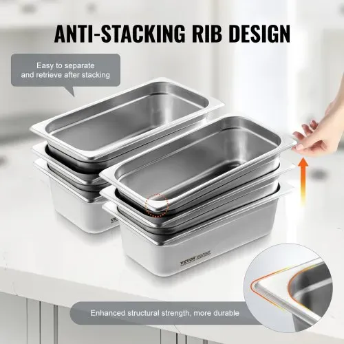 VEVOR Gastronormbehälter, Edelstahl Behälter 6 Stk. 1/3 Größe 326 x 177 x 99 mm Speisebehälter, kommerzieller Dampfpfanne Warmhaltebehälter 3,84 L Tiefe, Hotelpfanne Tisch Food Pan Buffet – Bild 3