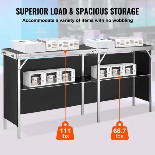 VEVOR Tragbare Messetheke Messetresen, 198 × 38,5 × 88 cm Messestand Ausstellungs-Thekenständer, Faltbarer Promotion-Bartisch Promotiontheke, Rezeptio mit Aufbewahrungsregal, Tragetasche, Schwarz – Bild 2