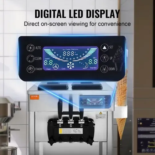 VEVOR Kommerzielle Eismaschine 18–28 L/h, 3 Geschmacksrichtungen, Italienische Eismaschine, 2 x 5,5 L Trichter, LCD-Panel, Automatische Vorkühlung, Reinigung, für Joghurt, Kaffee, Snackbar, Restaurant – Bild 4