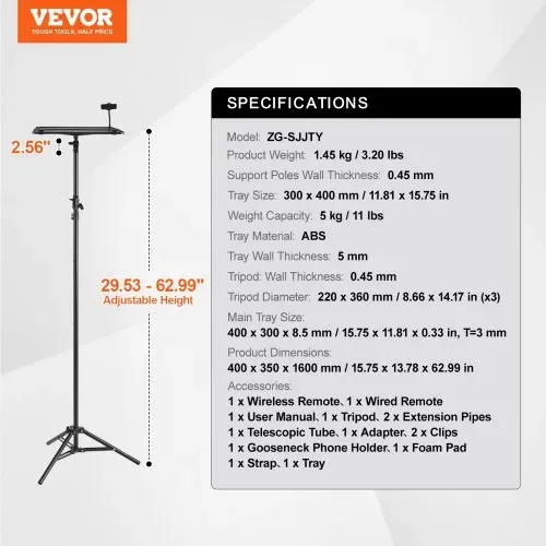 VEVOR Projektorständer Laptopständer-Stativ, höhenverstellbar von 685 bis 1600 mm, tragbares Projektor-Stativ mit Ablage & Schwanenhals-Telefonhalter, für Filme im Freien Büro zu Hause 5 kg belastbar – Bild 6