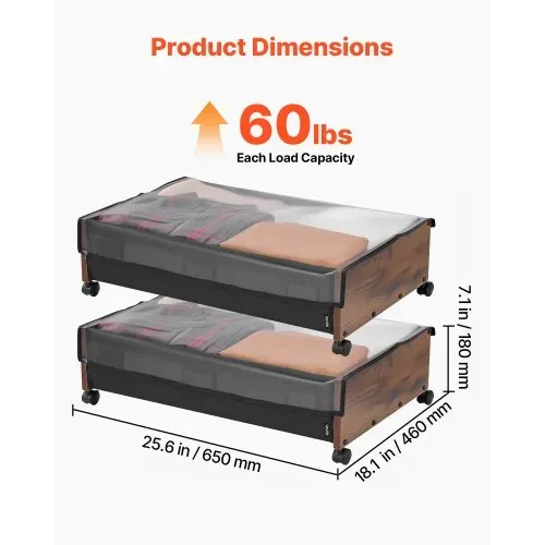 VEVOR Unterbettkommode Unterbettaufbewahrungstasche 2 Stk. rollbar (650 x 460 x 180 mm) Unterbettbehälter mit feststellbaren Rädern, mobile Aufbewahrungsbox für Kleidung Schuhe Schlafzimmer – Bild 2